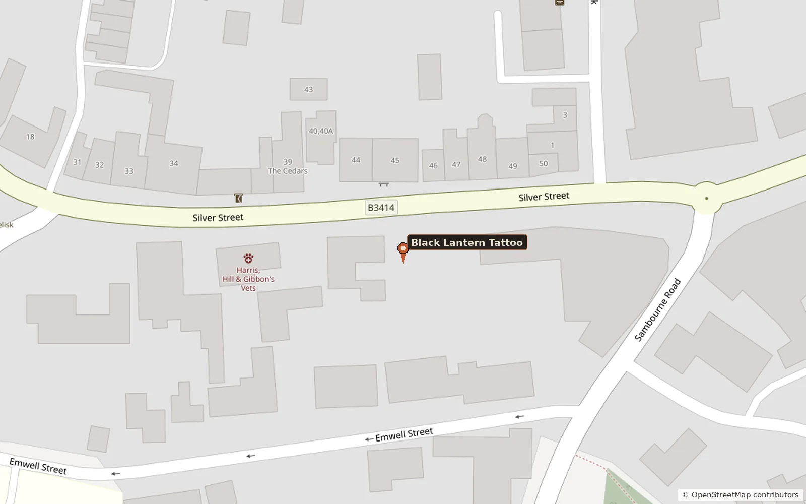Street map of Silver Street, Warminster, with Black Lantern Tattoo at 8 Silver Street marked by a pin.