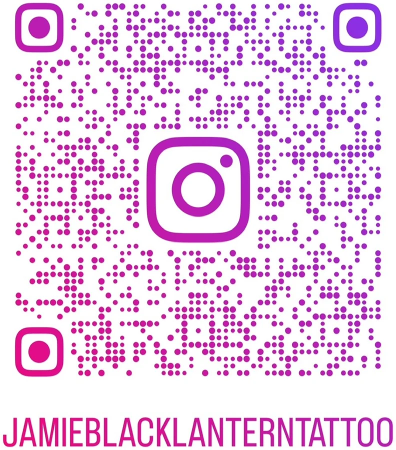 Instagram QR code linking to Jamie's profile, @jamieblacklanterntattoo.