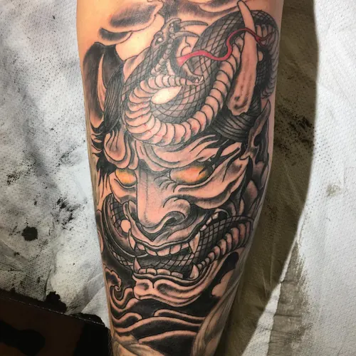 Hannya mask and snake - lower leg · Jamie